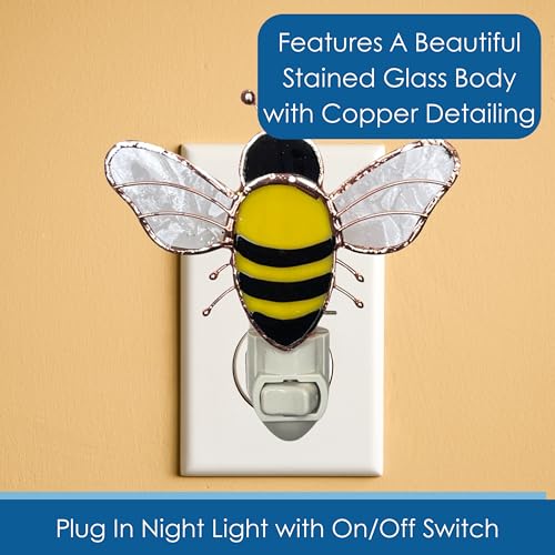 Gift Essentials Honey Bee Plug-in Night Light - Stained Glass Nightlight | Honey Bee Stained Glass Plug-in Nightlight with On/Off Rocker Switch. Includes One 4-Watt Replaceable Warm-Glow Bulb. - color: Bumblebee