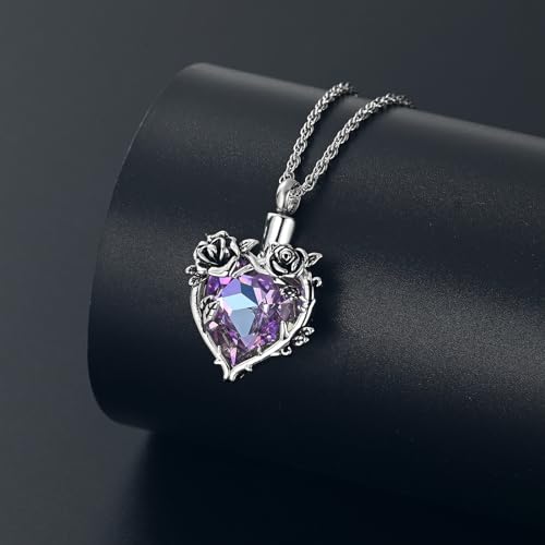 Cremation Jewelry for Ashes Rose Flower Urn Necklace with Crystal Heart Ashes Pendant Butterfly Necklaces for Women Men Memorial Keepsake Jewelry Gift - color: Silver-purple