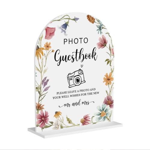 Acrylic Wedding Sign Photo Guestbook Signs for Ceremony Modern Calligraphy White Arch Wildflowers Acrylic Table Top Signs for Wedding Reception and Event Party Table Decor 8x10 Inch - color: Photo Guestbook