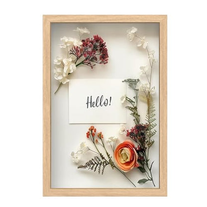 FrameWorks 12" x 18" Natural Oak Wooden Shadow Box Frame – Soft Felt Back, Tempered Glass, and Included Elegant White Ball Push Pins - color: Natural Oak, size: 12"x18"