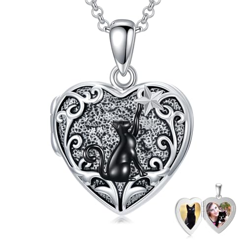 Personalized Heart Locket Necklace That Holds Pictures 925 Sterling Silver Custom Photo Lockets Necklaces Jewelry Gifts for Family Women Lover - color: Cat, style: Locket Only