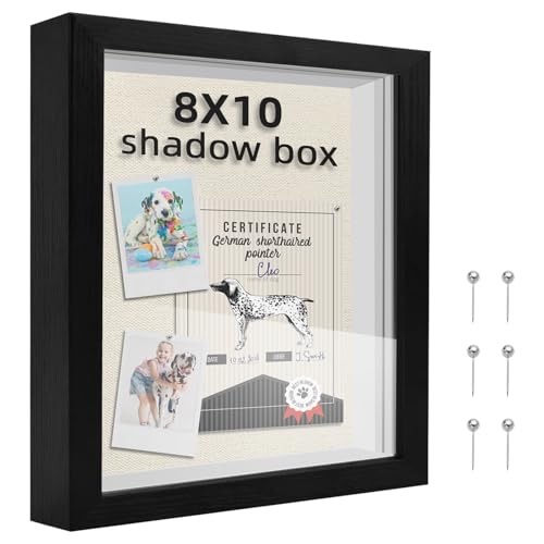 8x10 Shadow Box Frame, 1.2in Deep Keepsake Display Case, Linen Foam Back + 6 Push Pins, Thick Acrylic Front / Protective Film, Wall/Tabletop, for Flowers Tickets Medals Pet Memorial, Black - color: Black, size: 8x10