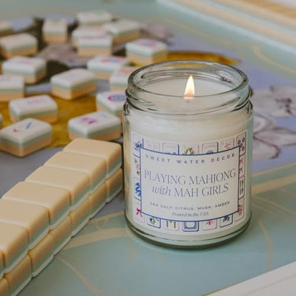 Sweet Water Decor Mahjong Candle, Mahjong Gifts for Women, 9oz Jar with Gold Lid, 40 Hour Burn Time, Non-Toxic Soy Wax Candle Scent Notes of Sea Salt, Citrus, Musk & Amber, Unique Game Night Decor - style: Mahjong