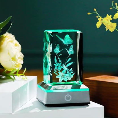 YWHL 3D Crystal Butterfly Gifts for Women, Laser Engraved Butterfly and Lily Flower Figurines with Light Base for Butterfly Lovers Nature Lovers, Gifts for Birthday Christmas - color: Butterfly and Lily Flower