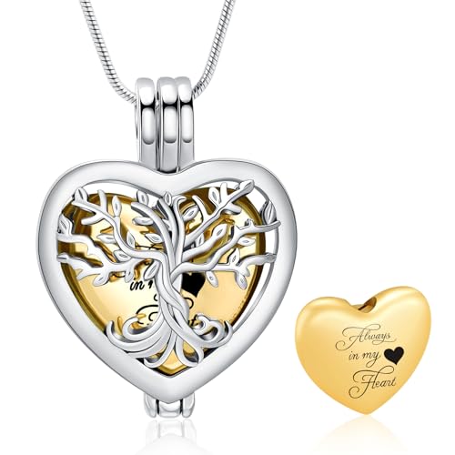 Cremation Jewelry Tree of Life Heart Urn Necklace for Human Ashes for Women Men Always in My Heart Memorial Ashes Keepsake Pendant - color: Gold