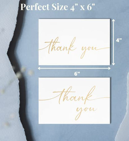 Thank You Cards with Envelopes & Stickers, Matte Gold Foil Cards Bulk Pack of 100, 4x6 Inch Minimalistic Design, Suitable for Business, Wedding, Small Business, Graduation, Bridal Shower, Funeral | 4 x 6 Inches with Stickers, 100 Gold Foil Cards, For Busi