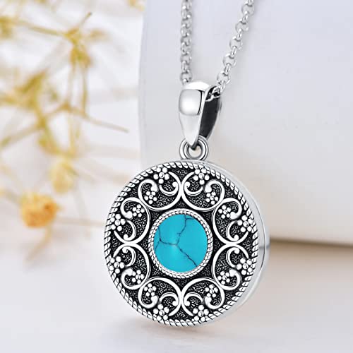 Round Locket Necklace 925 Sterling Silver Filigree/Flower Locket Necklace That Holds Pictures Birthday Christmas Jewelry Gifts for Women - color: 05-Turquoise Locket