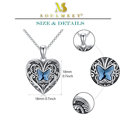 SOULMEET Personalized Butterfly Locket Necklace That Holds Up to 2 Pictures, Memorial Insects Silver Butterfly Photo Locket Custom Any Photo Healing Gift - color: G-Crystal Blue, style: Locket Necklace Only