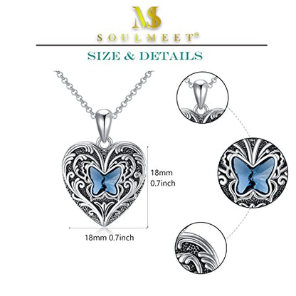 SOULMEET Personalized Butterfly Locket Necklace That Holds Up to 2 Pictures, Memorial Insects Silver Butterfly Photo Locket Custom Any Photo Healing Gift - color: G-Crystal Blue, style: Locket Necklace Only