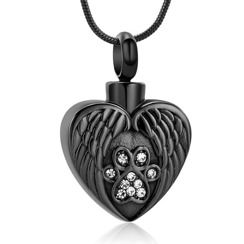 Heart Paw Print Urn Necklace for Ashes for Pet Stainless Steel Pendant - color: Black