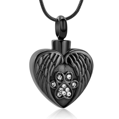 Heart Paw Print Urn Necklace for Ashes for Pet Stainless Steel Pendant - color: Black