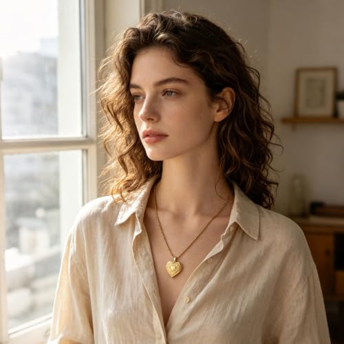 Stainless Steel Photo Locket Necklace for Women, 3mm Box Chain, Personalized Picture Holder Pendant, Waterproof Hypoallergenic Sentimental Jewelry Gift - color: Lace Edge Heart Gold