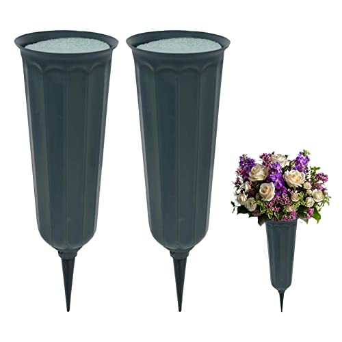 2pcs Ccemetery Vases for Grave,Plant Flowers Holder with a Stake and Foam Inserts for Keeping Bouquets in Place, Elegant Grave Decorations for Cemetery(Green) - color: Green