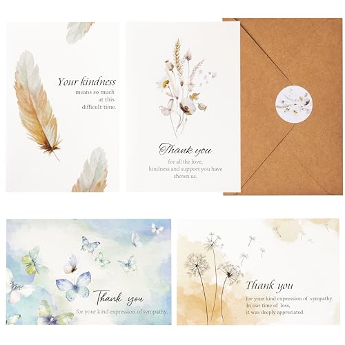 Crisky 50 PK Funeral Thank You Cards with Envelopes, Thank You for Your Sympathy Cards Watercolor Flowers Butterflies Bereavement Sympathy Thank You Cards for Funeral Family Friends