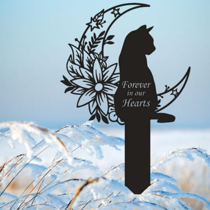 Cat Grave Marker Outdoor Memorial, 12in Metal Pet Memorial Plaque with Garden Moon Cat, Weatherproof Headstone for Yard or Indoor Tribute