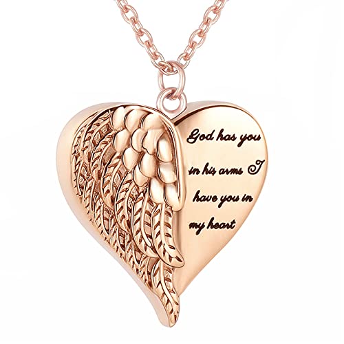 Angel Wing Heart Urn Necklace for Ashes Keepsake Pendant Memorial Locket Ash Holder Cremation Jewelry for Men Women - color: Rose Gold