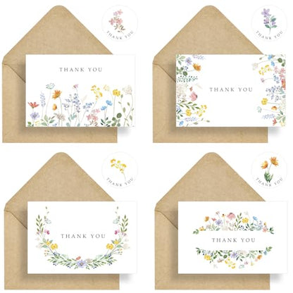 100 Pack Floral Thank You Cards with Envelopes, Watercolor Wildflower Thank You Notes with Kraft Envelopes Sticker for Birthday Wedding Baby Shower Bridal Shower Teachers Graduation, 4 x 6 Inch - color: 100pcs