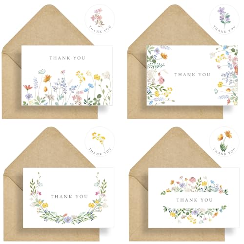 24 Pack Floral Thank You Cards with Envelopes, Watercolor Wildflower Thank You Notes with Kraft Envelopes Sticker for Birthday Wedding Baby Shower Bridal Shower Teachers Graduation, 4 x 6 Inch - color: 24pcs