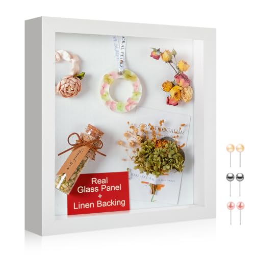 12x12 Shadow Box Picture Frame with Real Glass Panel and Linen Back | With Push Pins and Stand, Deep 1.5" White Shadow Box Display Case – Display on Tabletop or Wall for Photo, Wedding, Keepsake - color: White + Thickened Panel + Foam Packaging, size: 12x