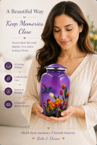BOLD & DIVINE Purple Hummingbird Cremation Urn | Human Ashes Adult Memorial urn, Burial, Funeral Cremation Urns | 200 Cubic Inches (Large Adult) - size: Large