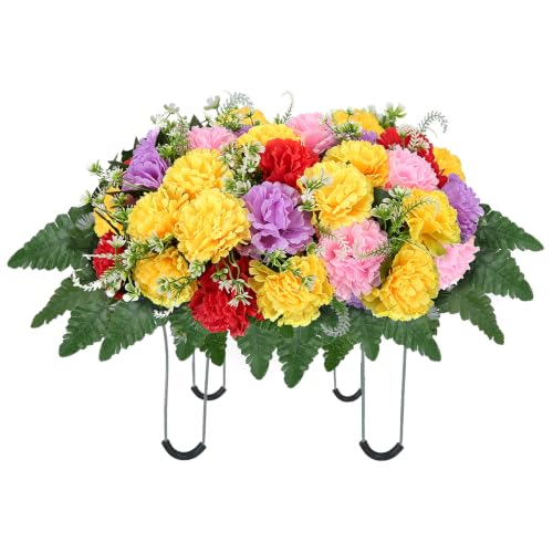 Flowers for Cemetery Headstone Flower Saddle with Colorful Chrysanthemum | Fall Silk Saddle Flowers Cemetery Decorations for Grave Outdoor Mother Wife Grandmother Tombstone (Yellow Pink Purple) - color: Orange
