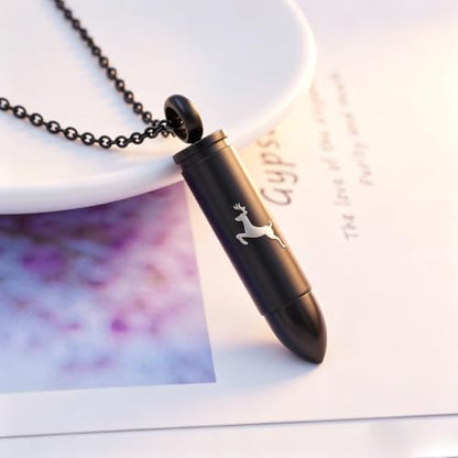 SIYUU Bullet Cremation Jewelry for Ashes Vial Deer Engraved Urn Necklace Stainless Steel Ash Container Keepsake Pendant Memorial Jewelry for Men Women - color: Customize