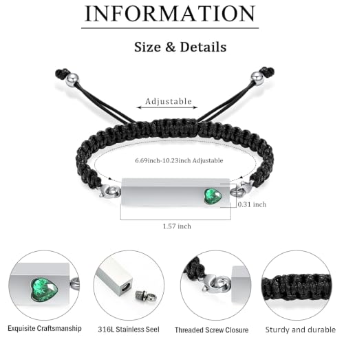 zeqingjw Vertical Bar Urn Bracelet for Ashes for Women Men Stainless Steel Cremation Jewelry Braided Rope Adjustable Keepsake Bracelets of Loved Ones Ash Holder Memorial Gift - color: Silver-Green