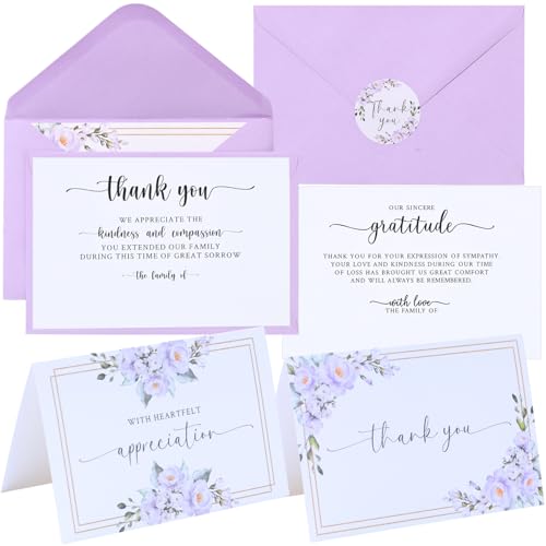 Funeral Thank You Cards with Envelopes Messages Inside and Matching Stickers, 4x6 Sympathy Thank You Cards with 2 Pre-Printed Messages for Funeral, Bereavement, or Memorial Service Appreciation - 48 Pack