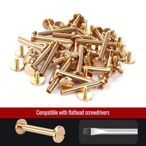 Chicago Binding Screws - 4mm x 28mm Binding Posts - 10mm Phillips Nut - Chicago Screw Binding Post Screw Kit for DIY Leather Decoration Scrapbook Photo Albums Bookbinding (Brass, 25 PCS) - size: 4mm x 28mm