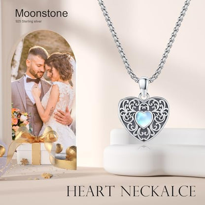 Locket Necklace for Women 925 Sterling Silver Celtic Locket Pendant Necklace Moonstone/Turquoise/Black Agate Heart Shaped Locket Necklace Jewelry Gifts for Women - style: Sunflower Filigree Pattern