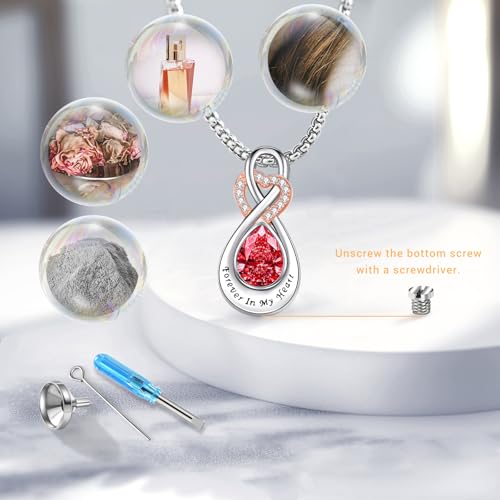 Infinity Urn Necklace for Ashes Sterling Silver Heart Moonstone Turquoise Birthstone Keepsake Memorial Cremation Jewelry for Women - style: Infinity A-07-Jul.-Ruby