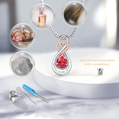 Infinity Urn Necklace for Ashes Sterling Silver Heart Moonstone Turquoise Birthstone Keepsake Memorial Cremation Jewelry for Women - style: Infinity A-07-Jul.-Ruby