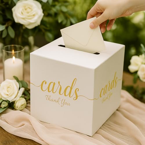 White and Gold Card Box for Party Graduation, Baby Bridal Shower, Birthday, Funeral, Wedding 7.8 x 7.8 x 7.8 In Gift Card Holder Box for Reception Raffle Voting Box with Slot - color: WhiteGoldTks