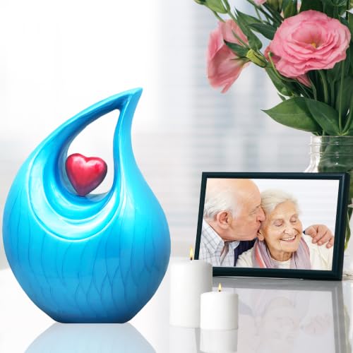 M MEILINXU Decorative Teardrop Urns for Human Ashes, Turquoise Heart, Adult | Love Urn for Women and Men, Cremation Urn Suitable for Funeral and Burial Needs with Memorial Display at Home or in a Niche