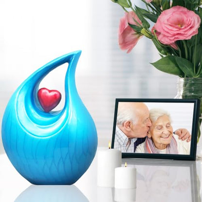 M MEILINXU Decorative Teardrop Urns for Human Ashes, Turquoise Heart, Adult | Love Urn for Women and Men, Cremation Urn Suitable for Funeral and Burial Needs with Memorial Display at Home or in a Niche