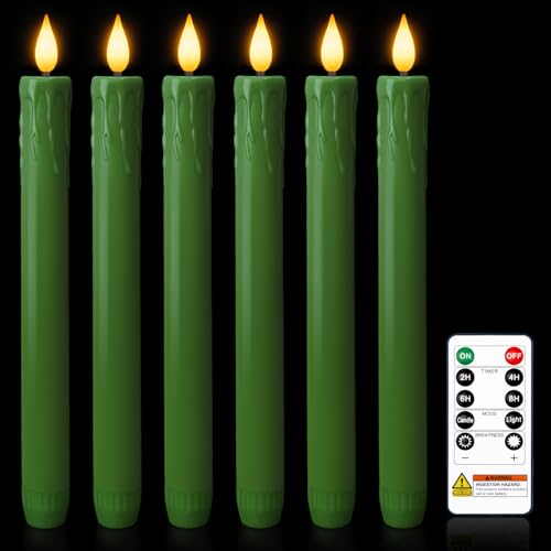 Homemory 6 Pcs Real Wax Green Flameless Taper Candles with Remote Timer, 9.6 Inches LED Fake Candlesticks, LED Candle with 3D Flickering Flame for Romantic Wedding, Dinner, Xmas Anniversary Decor - color: Green, size: 9.6 inch
