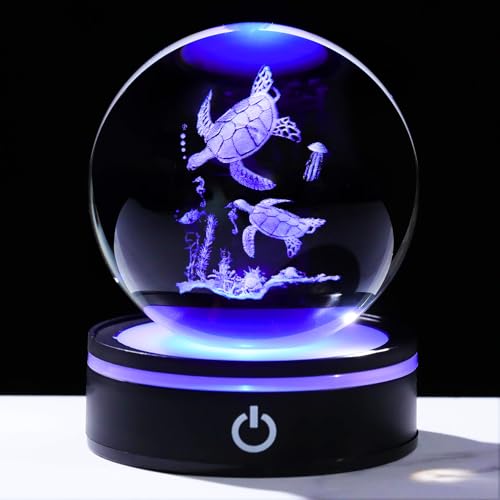 YWHL 3D Sea Turtles Crystal Ball Figurine with LED Base, Laser Sea Turtle Gifts for Women Men on Birthday Christmas, Glass Decorative Turtle Statue Ball Night Light for Home Decor (80mm) - color: Sea Turtle 2