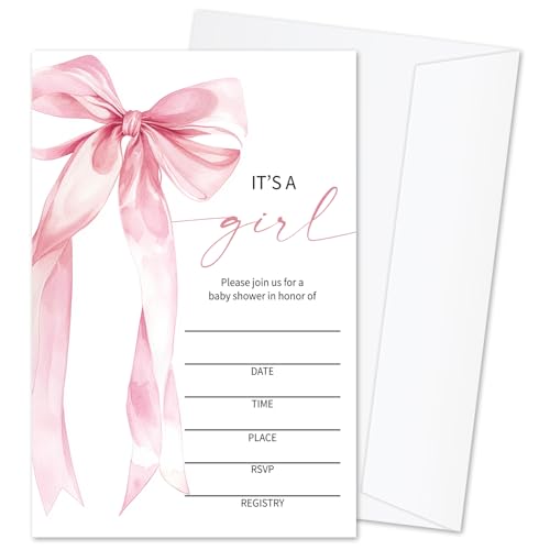 Pink Bow Baby Shower Invitations for Girls, Baby Announcement Invite Cards, 25 Set of Fill-in Baby Shower Invites with Envelopes, Gender Reveal Party Supplies -B03 - color: Pink Bow-02