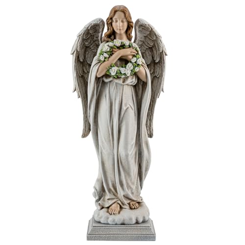 Garden Angel with Flower Wreath Statue - 16" Outdoor Memorial Angel Decor