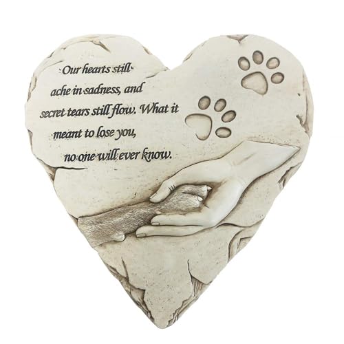 jinhuoba Dog Pet Memorial Stones, Heart-Shaped Loss of Pet Dog Grave Stone Headstones Memorial Gifts Remembrance Gifts with Sympathy Poem and Paw in Hand Design, Resin, White, 9.7" X 9.3"