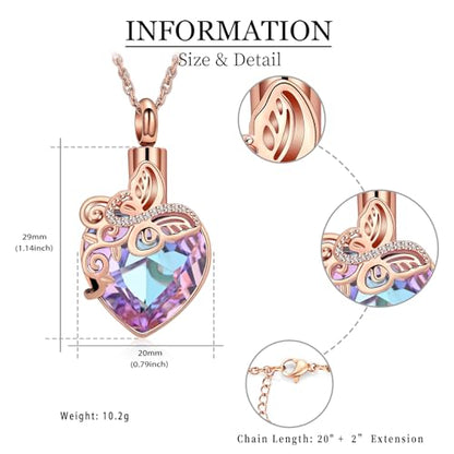 shajwo Butterfly Heart Urn Necklaces Cremation Jewelry for Ashes for Women Men Memorial Human Ashes Pendant - color: 1-Rose Gold-Purple