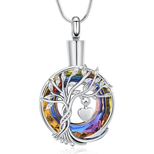 Hearbeingt Teardrop Urn Necklaces for Ashes Tree of Life Memorial Locket - color: Tree of Life-Silver Colorful