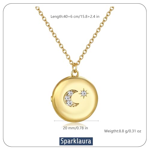 Gold Locket Necklace for Women Vintage, Heart Star Moon Butterfly Angel Holds Picture Photo Oval Locket Pendant Memorial Necklace Personalized Celestial Jewelry Birthday Gifts - style: Round Star Moon