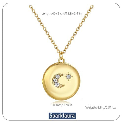 Gold Locket Necklace for Women Vintage, Heart Star Moon Butterfly Angel Holds Picture Photo Oval Locket Pendant Memorial Necklace Personalized Celestial Jewelry Birthday Gifts - style: Round Star Moon