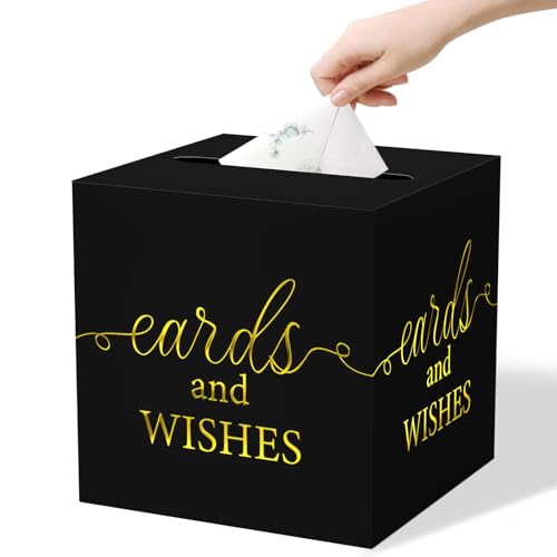 WNINK Black Card Box with Gold Foil Design, Cards and Wishes Gift Cards Box Receiving Box for Wedding Receptions, Bridal & Baby Showers, Anniversaries, Birthdays Party, Graduations, Retirements - color: Cards Wishes Black Gold