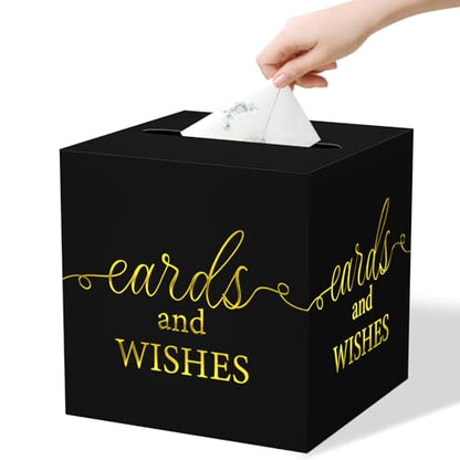 WNINK Black Card Box with Gold Foil Design, Cards and Wishes Gift Cards Box Receiving Box for Wedding Receptions, Bridal & Baby Showers, Anniversaries, Birthdays Party, Graduations, Retirements - color: Cards Wishes Black Gold
