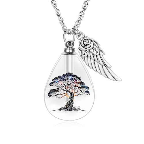 Teardrop Urn Necklace for Ashes, Resin Memorial Pendant with Keepsake | Teardrop Shape, Clear Resin Design, Nature Inspired Artwork, Screw Closure, Holds Ashes, Filling Kit & Box Included - color: Tree of Life