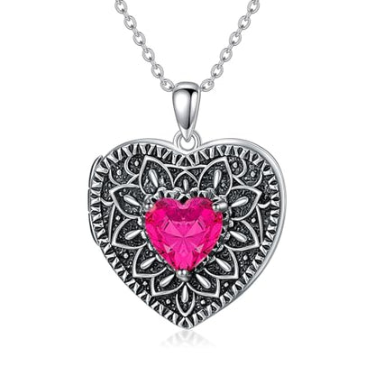 Heart Photo Locket Necklace 925 Sterling Silver Birthstone Gemstone That Holds 2 Pictures Locket Necklace Jewelry Gifts for Mother Women Mom Mother's Day Christmas Birthday - style: 07-July-Ruby
