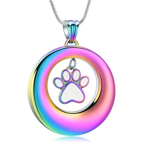 Dog Paws Cremation Jewelry Pet/Cat/Dog Paws Urn Necklaces for Ashes Stainless Steel Pet Ashes Holder Memorial Keepsakes Locket Pendant Jewelry for Men Women - color: Rainbow