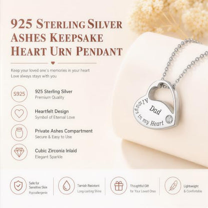 S925 Sterling Silver Heart Urn Necklace Memorial Ashes Keepsake Jewelry - style: Dad